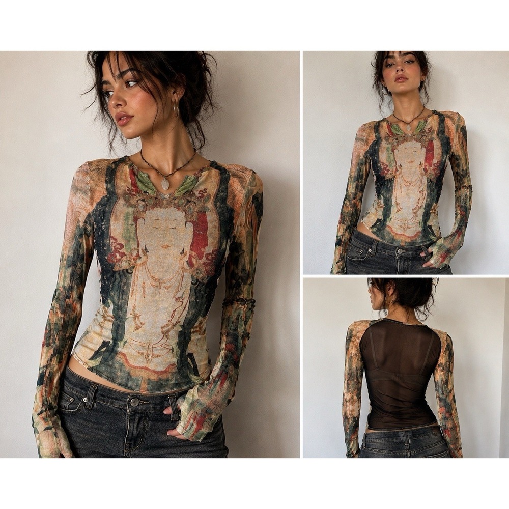 Vintage Y2K Mesh Layered Top Buddha Goddess Art Print Long Sleeve M Artsy Sheer